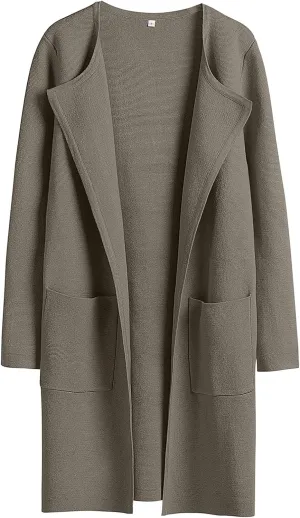 Sweaters for Women Open Front Knit Cardigan Casual Long Sleeve Lapel Sweater Long Trench Coat with Pockets