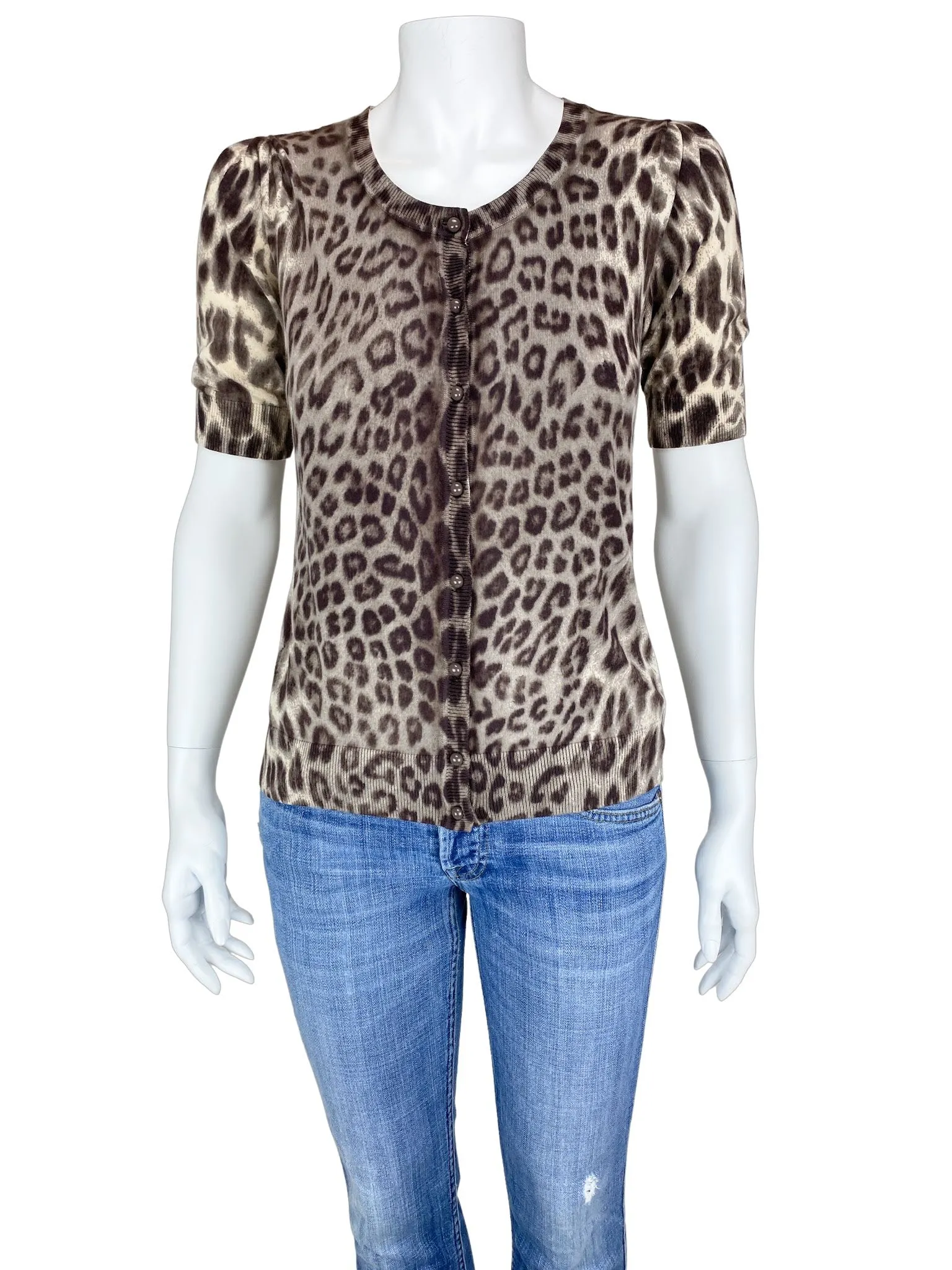 Talbots, Women's Short-Sleeve Leopard Cardigan Sweater, Brown/Multi, Size S