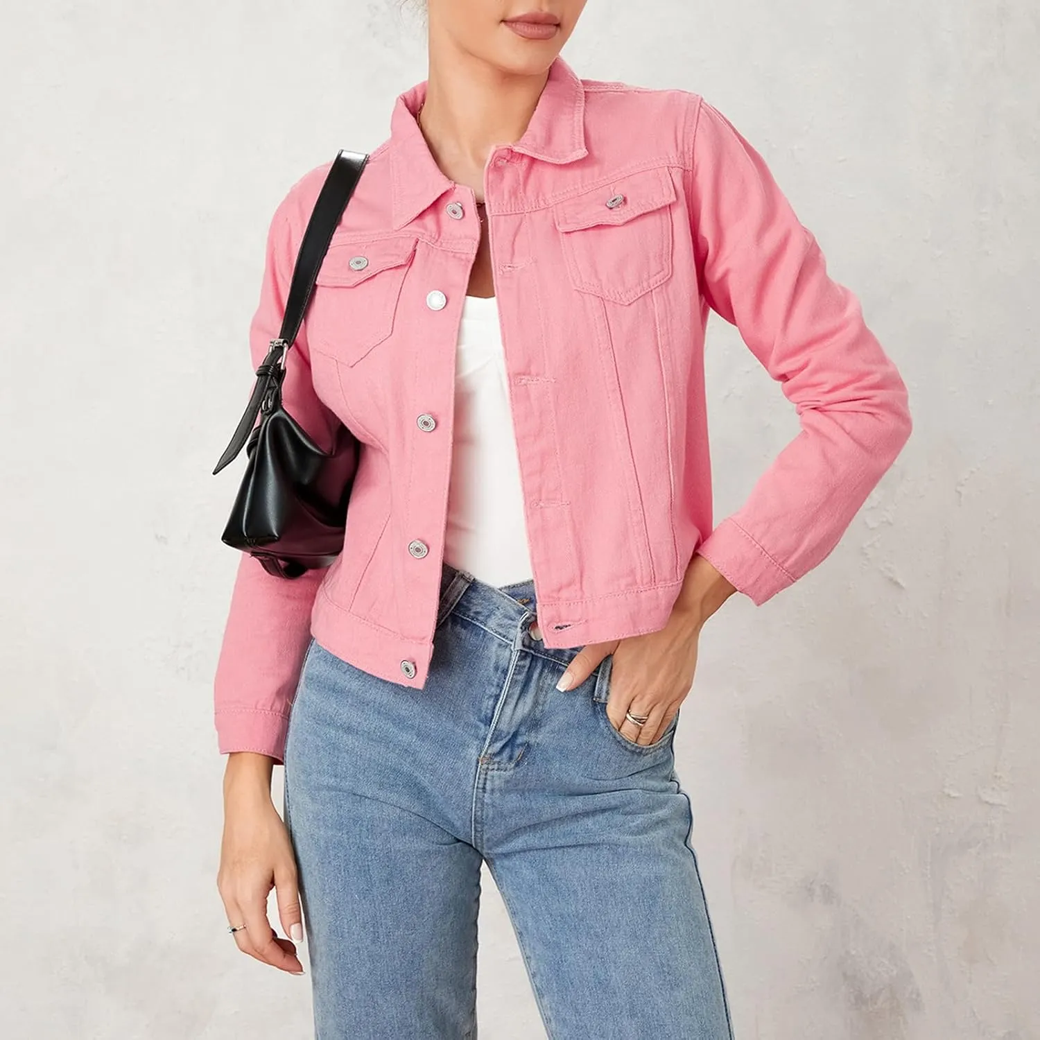 Tempura Womens Solid Color Denim Jacket Coat Casual Long Sleeve Button Down Pockets Jean Jacket
