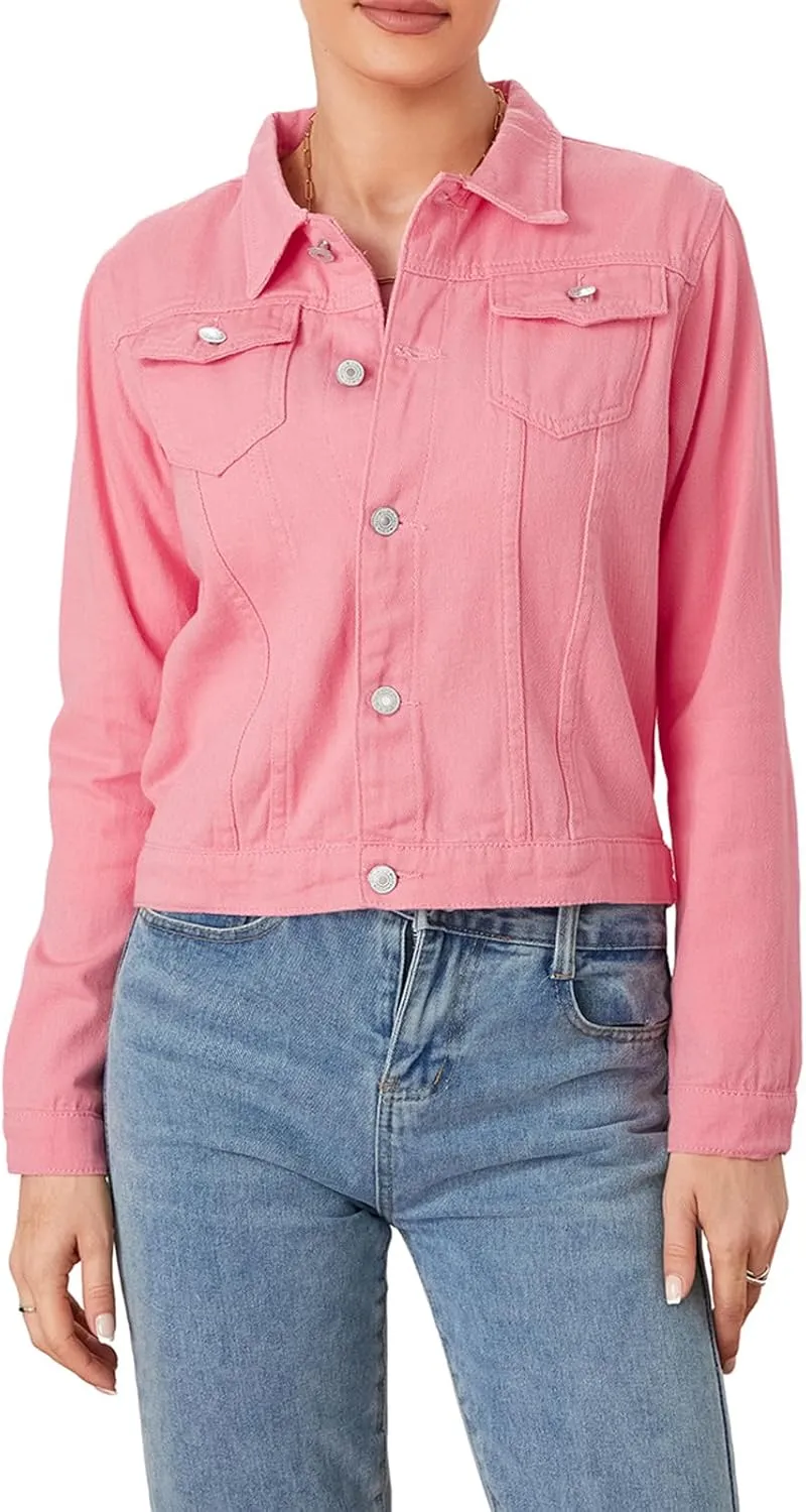 Tempura Womens Solid Color Denim Jacket Coat Casual Long Sleeve Button Down Pockets Jean Jacket