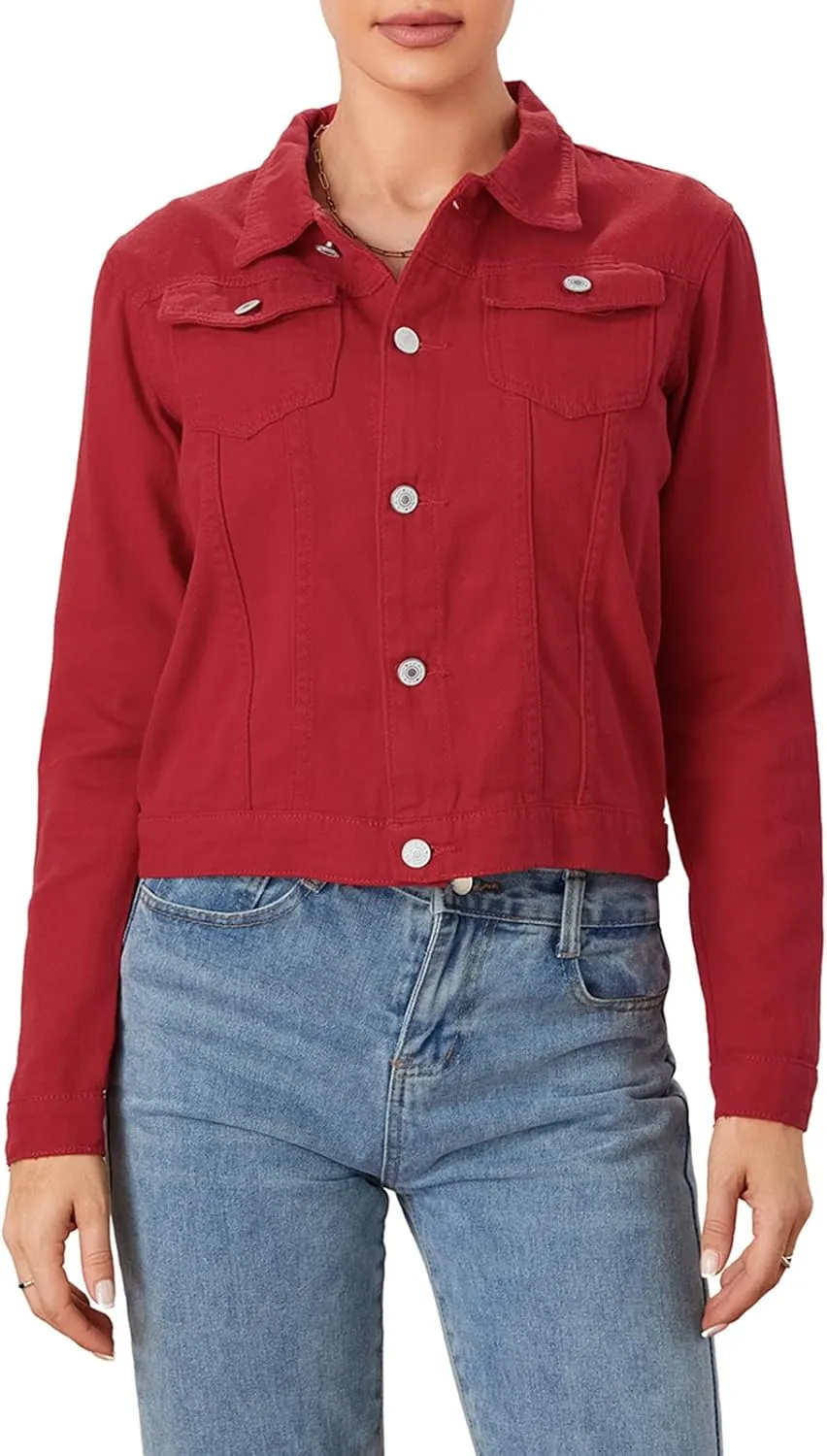 Tempura Womens Solid Color Denim Jacket Coat Casual Long Sleeve Button Down Pockets Jean Jacket