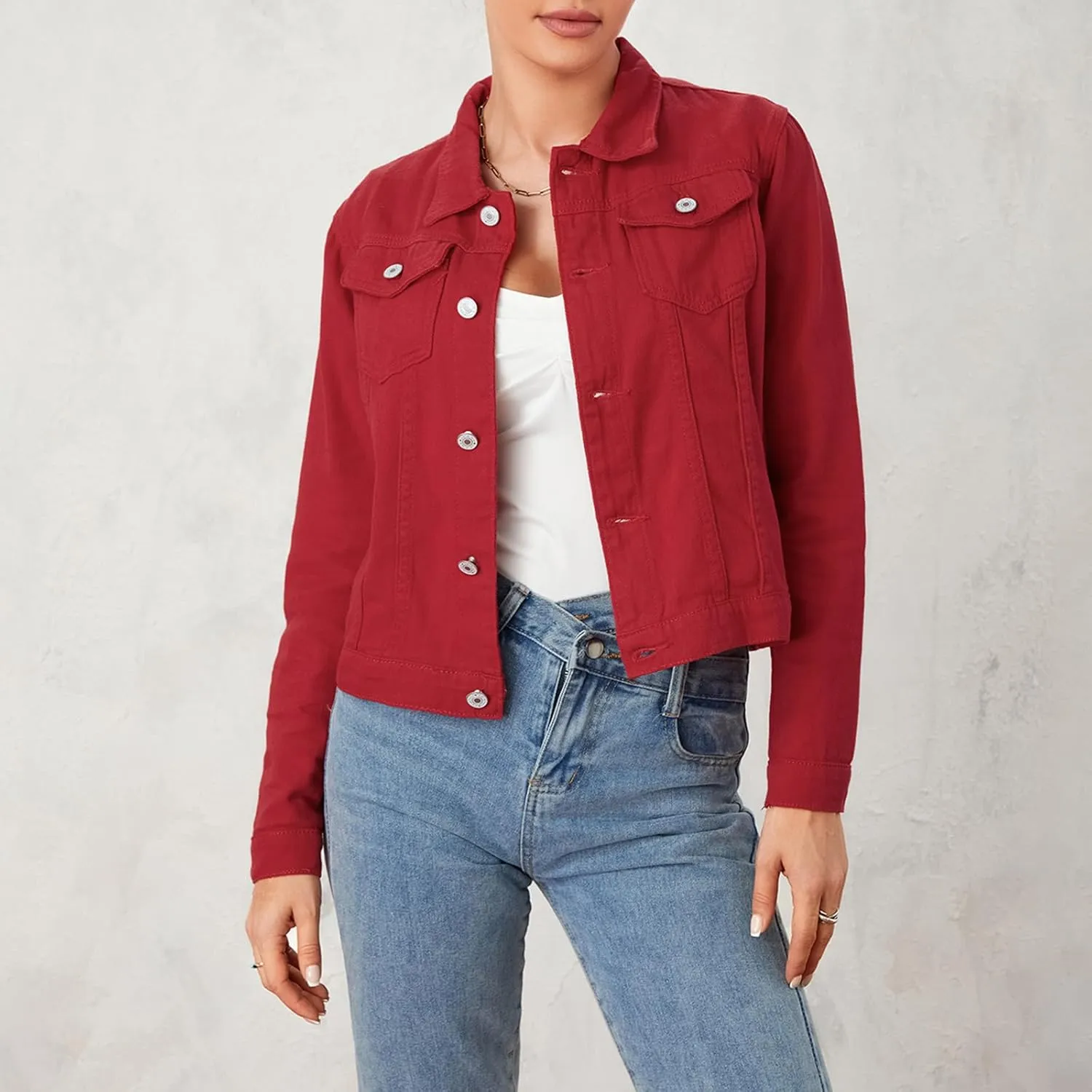 Tempura Womens Solid Color Denim Jacket Coat Casual Long Sleeve Button Down Pockets Jean Jacket