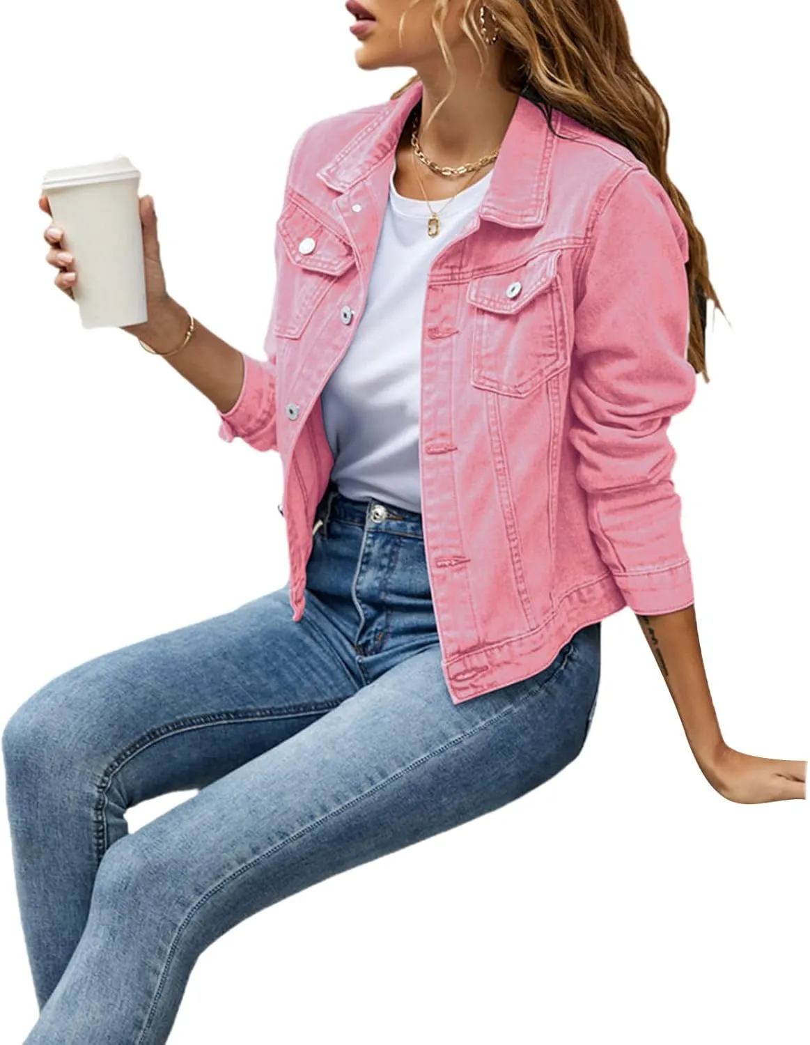 Tempura Womens Solid Color Denim Jacket Coat Casual Long Sleeve Button Down Pockets Jean Jacket