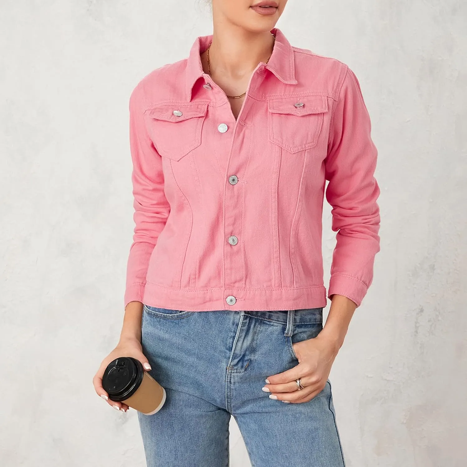 Tempura Womens Solid Color Denim Jacket Coat Casual Long Sleeve Button Down Pockets Jean Jacket