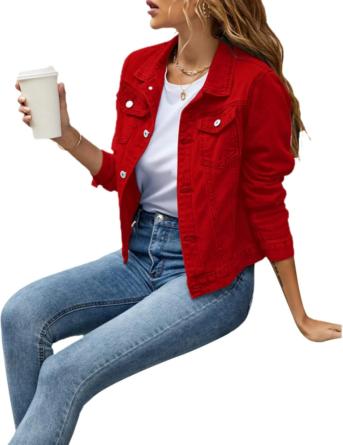 Tempura Womens Solid Color Denim Jacket Coat Casual Long Sleeve Button Down Pockets Jean Jacket