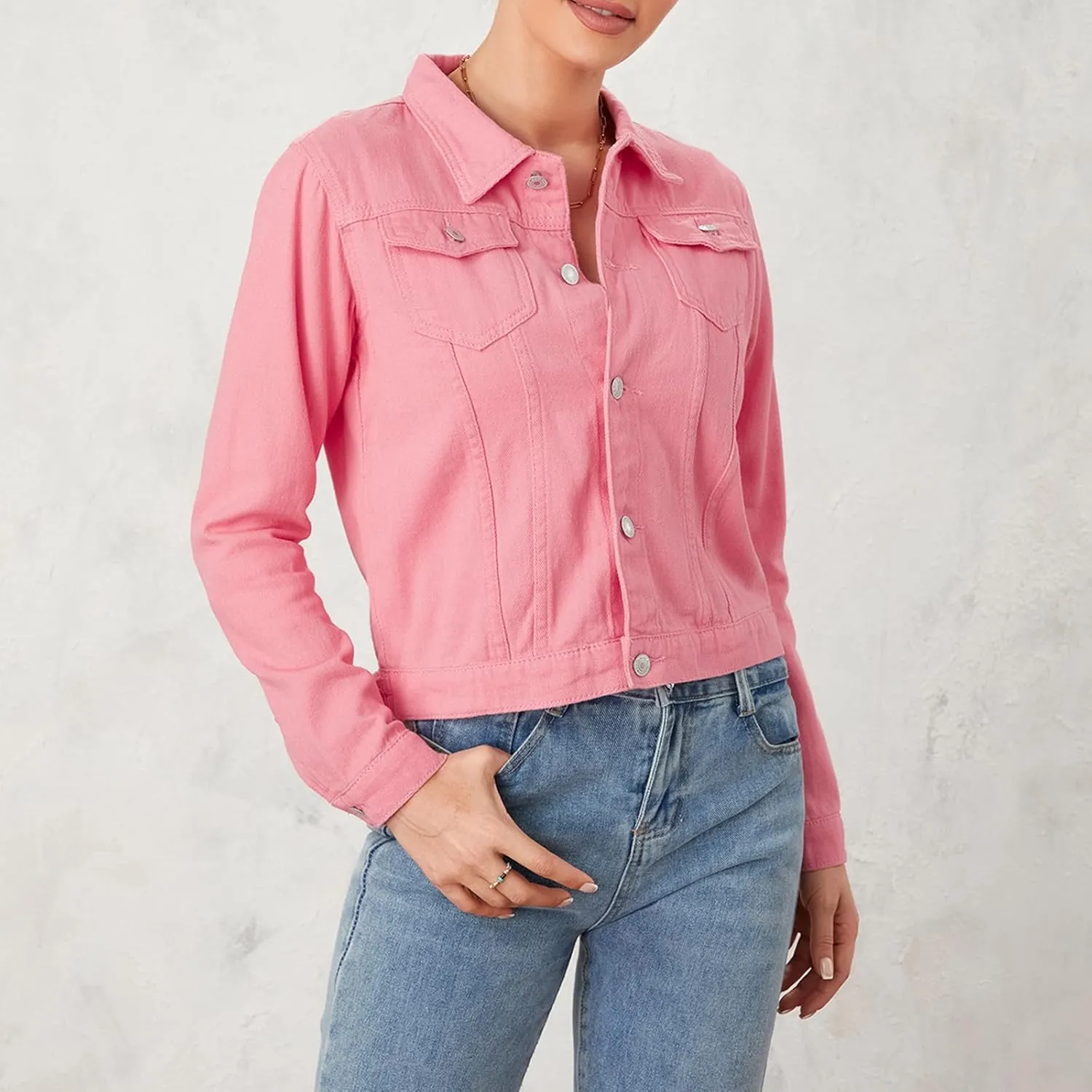 Tempura Womens Solid Color Denim Jacket Coat Casual Long Sleeve Button Down Pockets Jean Jacket