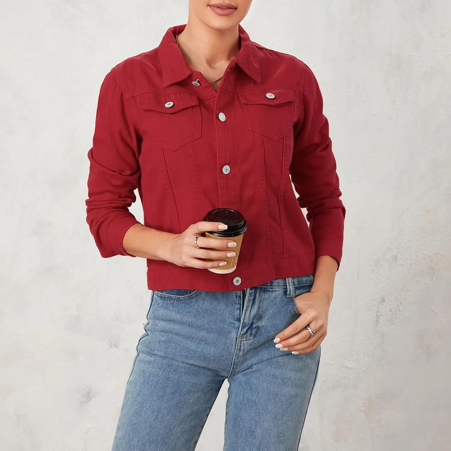 Tempura Womens Solid Color Denim Jacket Coat Casual Long Sleeve Button Down Pockets Jean Jacket