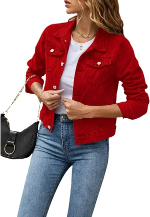 Tempura Womens Solid Color Denim Jacket Coat Casual Long Sleeve Button Down Pockets Jean Jacket