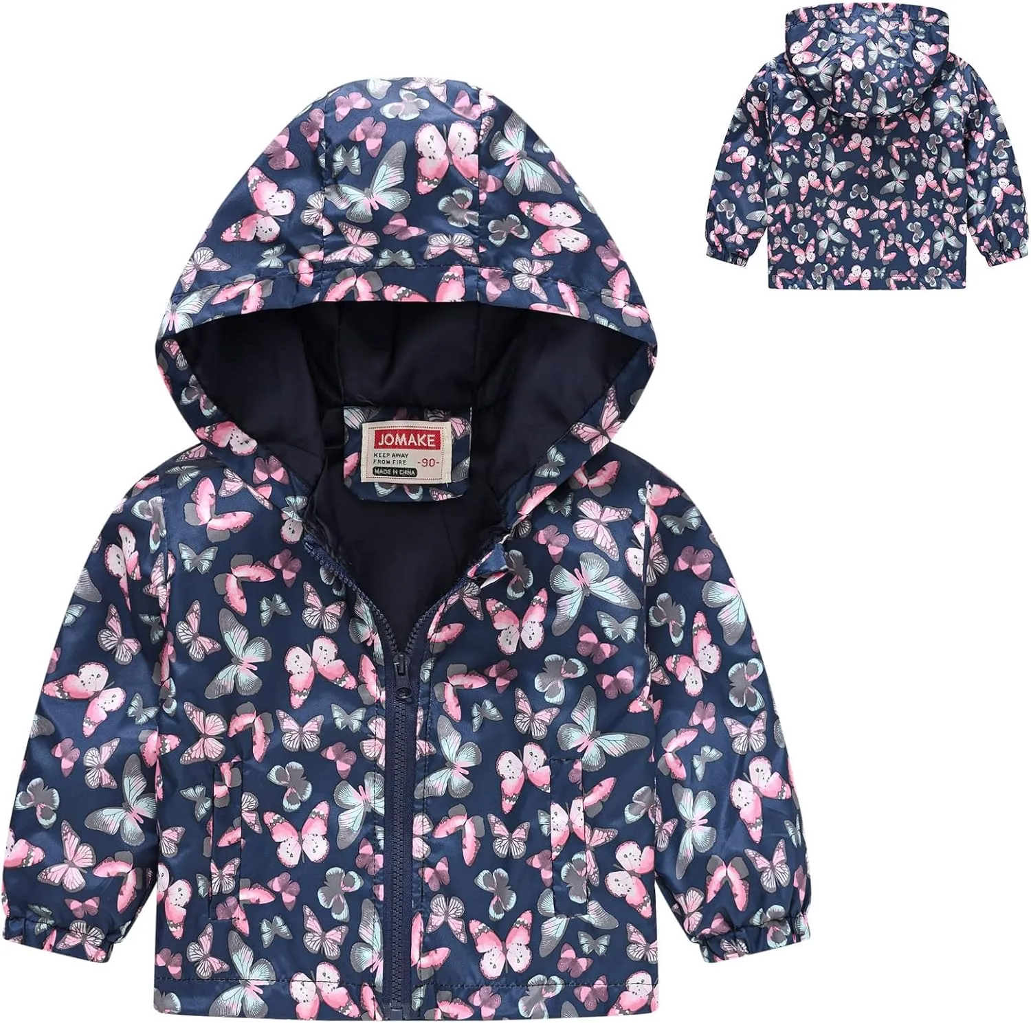 Toddler Girls Boys Flower Print Zip Hooded Jacket Kids Trench Rain Jacket Outerwear Lightweight Windbreaker Coat