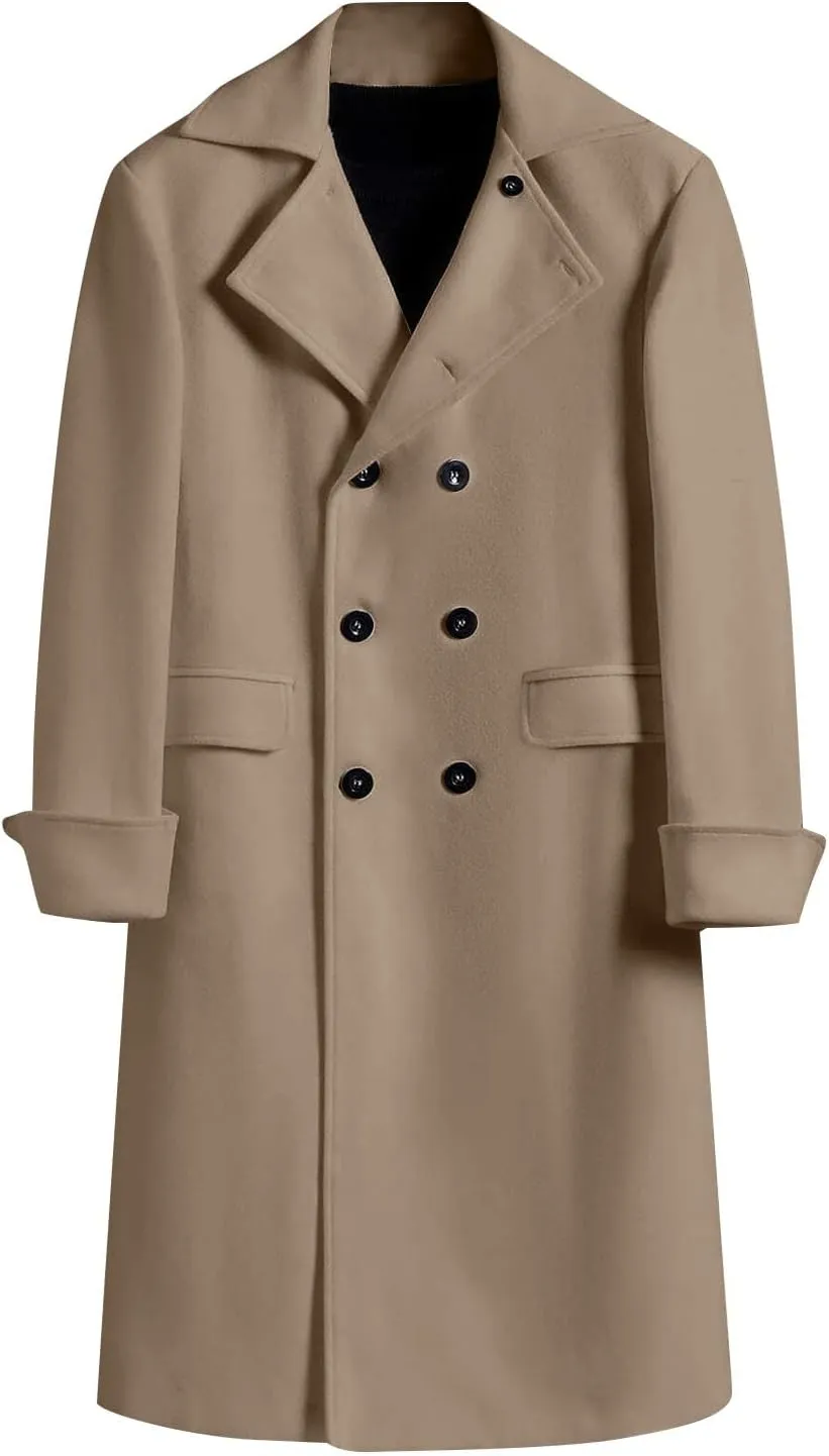 Trench Coat for Mens Casual Double Single Breasted Slim Jacket Overcoat Vintage Wool Blend Formal Pea Coats