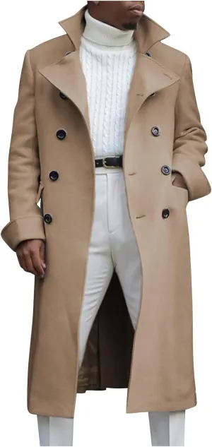 Trench Coat for Mens Casual Double Single Breasted Slim Jacket Overcoat Vintage Wool Blend Formal Pea Coats