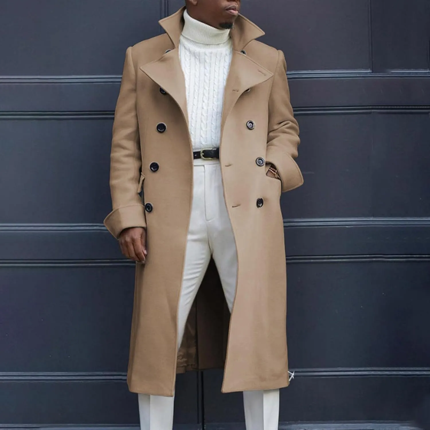 Trench Coat for Mens Casual Double Single Breasted Slim Jacket Overcoat Vintage Wool Blend Formal Pea Coats