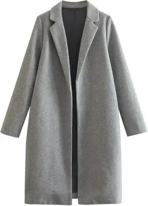 Trench Coat for Women 2024 Notch Lapel Pea Coat Wool Blend Long Coat Open Front Cardigan Trendy Fall Winter Coats