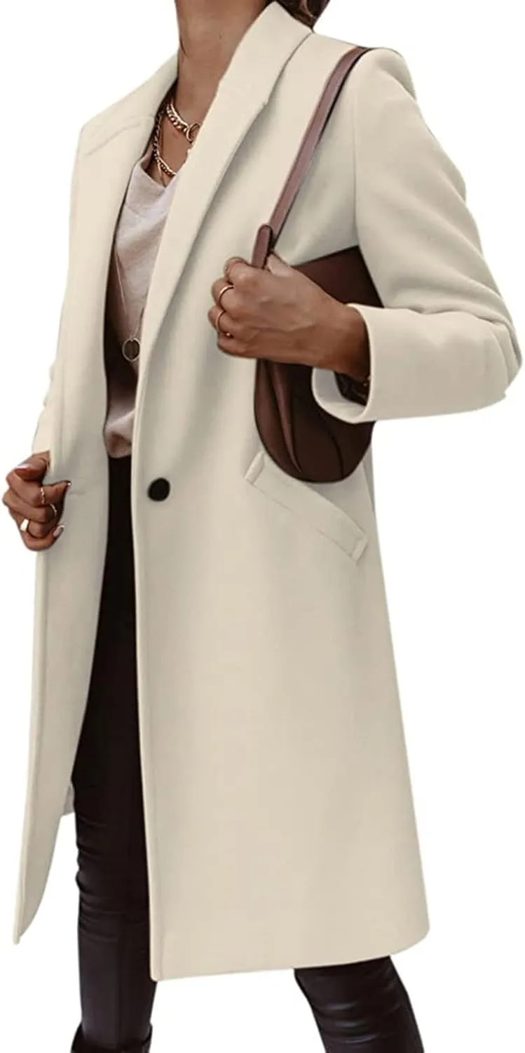 Trench Coat for Women 2024 Single Breasted Wool Pea Coats Causal Notch Lapel Windproof Long Overcoat Outwear