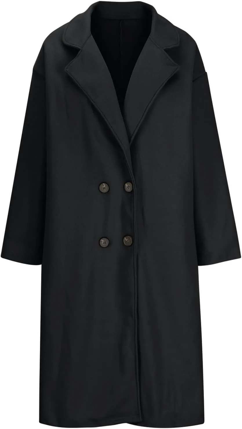 Trench Coat for Women Wool Blend Lapel Collar Double-Breasted Pea Coats Work Office Mid Long Winter Coats Overcoat