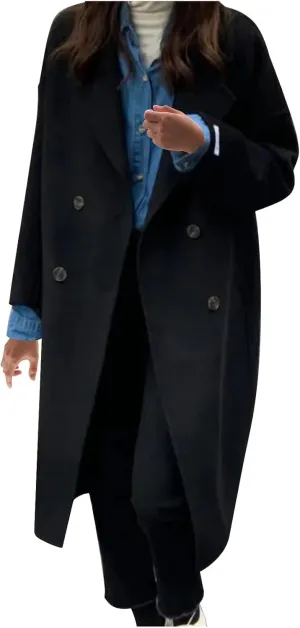 Trench Coat for Women Wool Blend Lapel Collar Double-Breasted Pea Coats Work Office Mid Long Winter Coats Overcoat