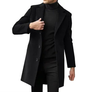 Trench Coat Men Slim Notched Collar Long Jacket Single Breasted Wool Blend Overcoat Fall Winter Warm Pocket Pea Coat