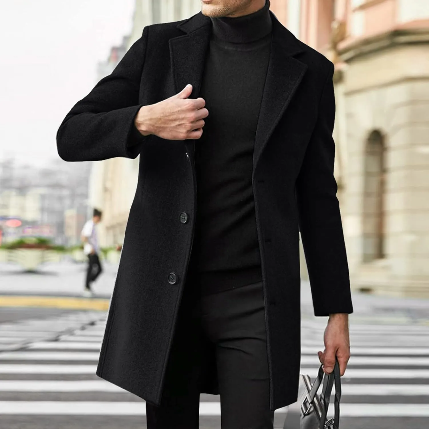 Trench Coat Men Slim Notched Collar Long Jacket Single Breasted Wool Blend Overcoat Fall Winter Warm Pocket Pea Coat