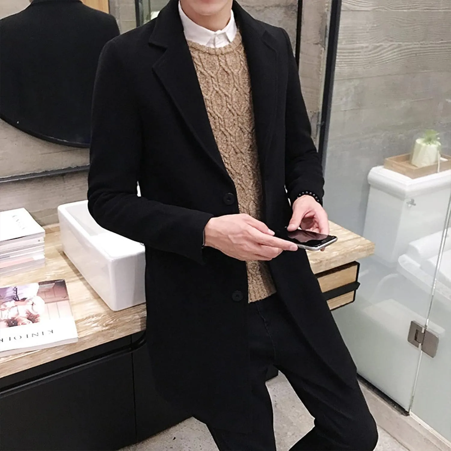 Trench Coat Men Slim Notched Collar Long Jacket Single Breasted Wool Blend Overcoat Fall Winter Warm Pocket Pea Coat