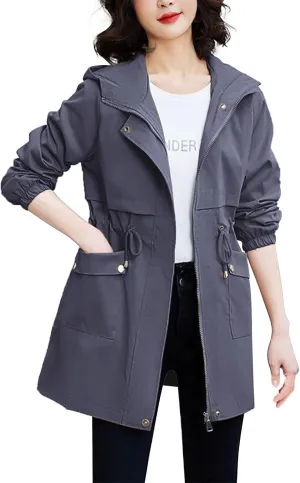 Trench Coat With Hood Women with Pockets Mid Length Windbreaker Casual Plus Size Drawstring Waist Zip Outdoor Jackets