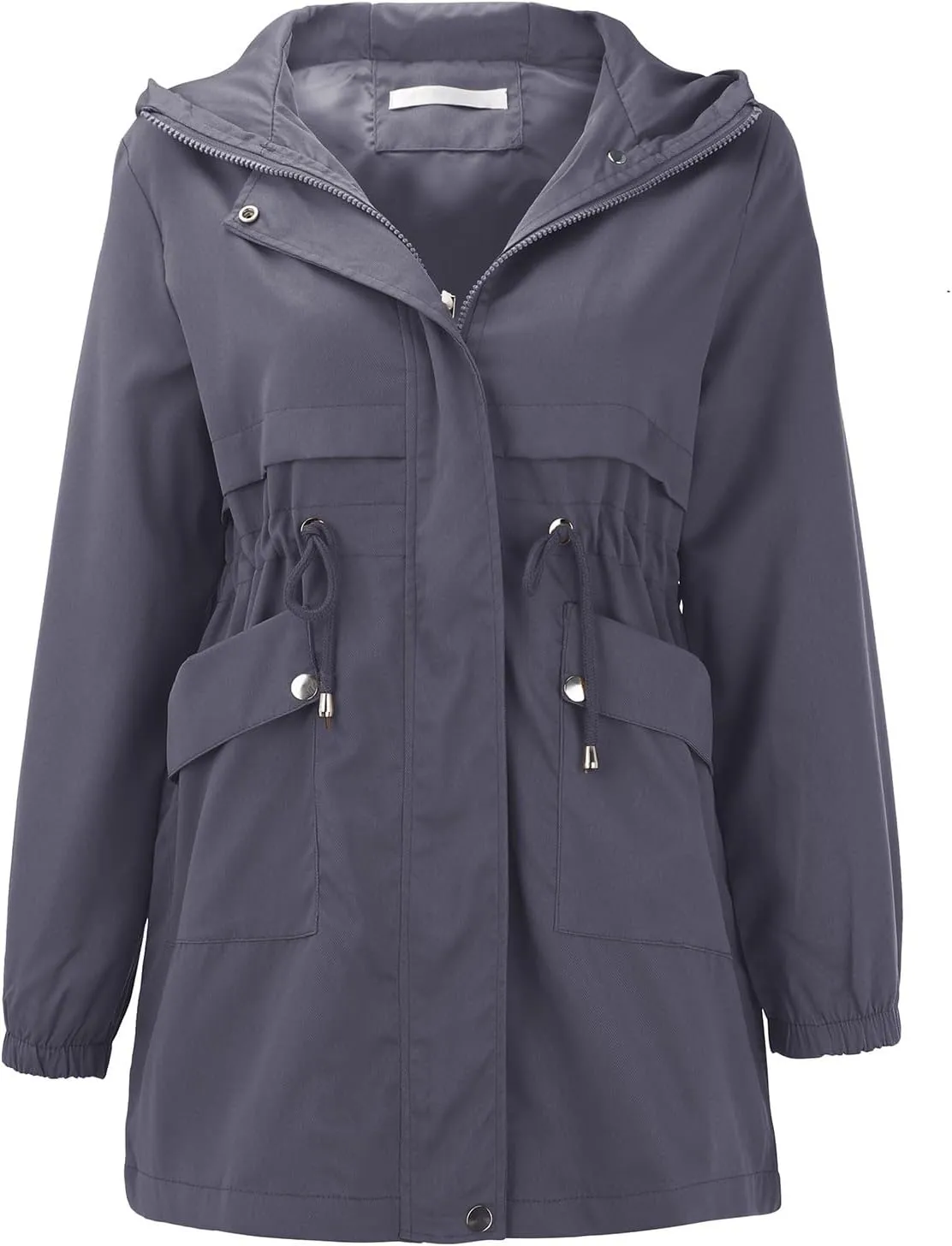Trench Coat With Hood Women with Pockets Mid Length Windbreaker Casual Plus Size Drawstring Waist Zip Outdoor Jackets