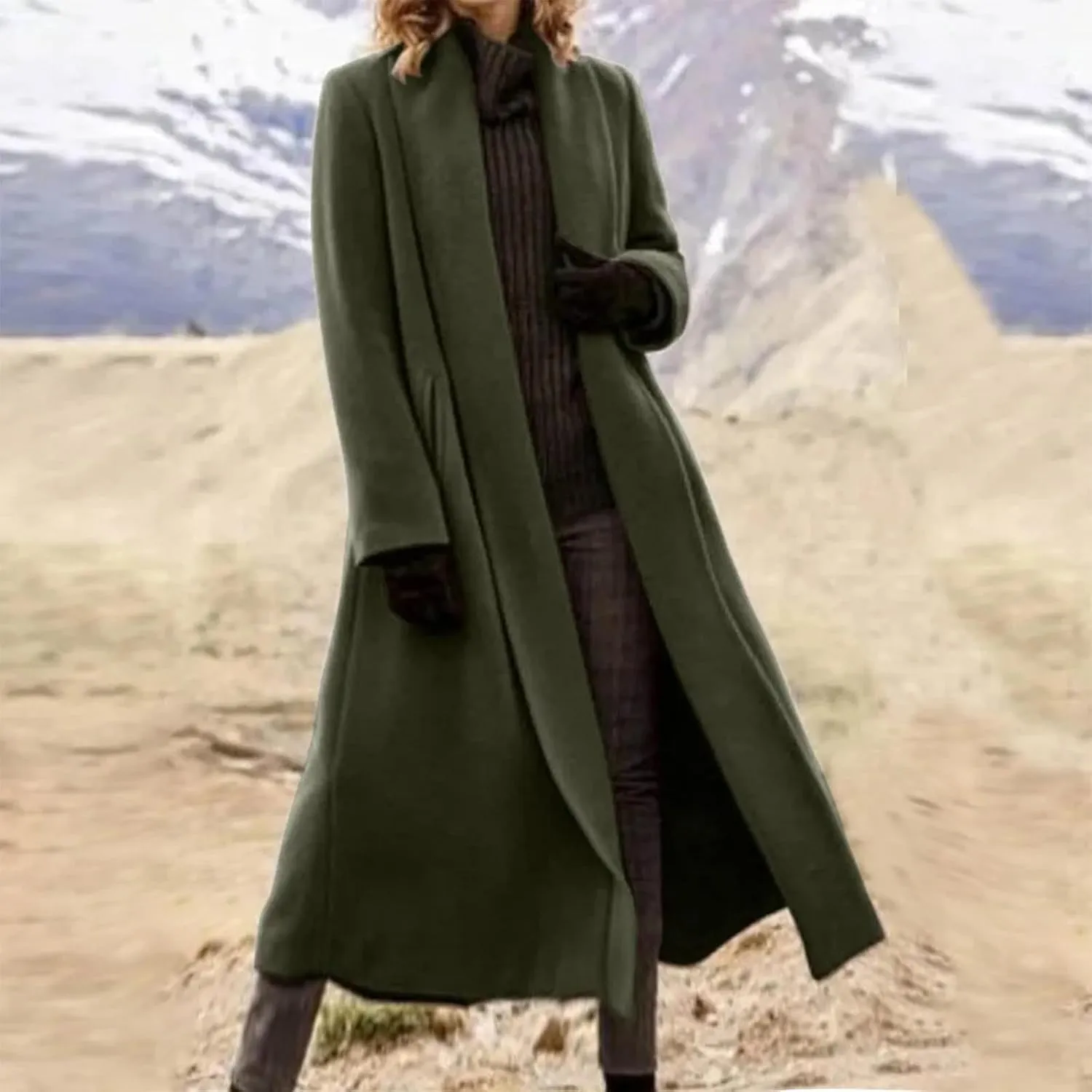 Trench Coat Women Winter Wool Blend Pea Coat Long Sleeve Lapel Coat Oversized Open Front Cardigan Sweater Coats