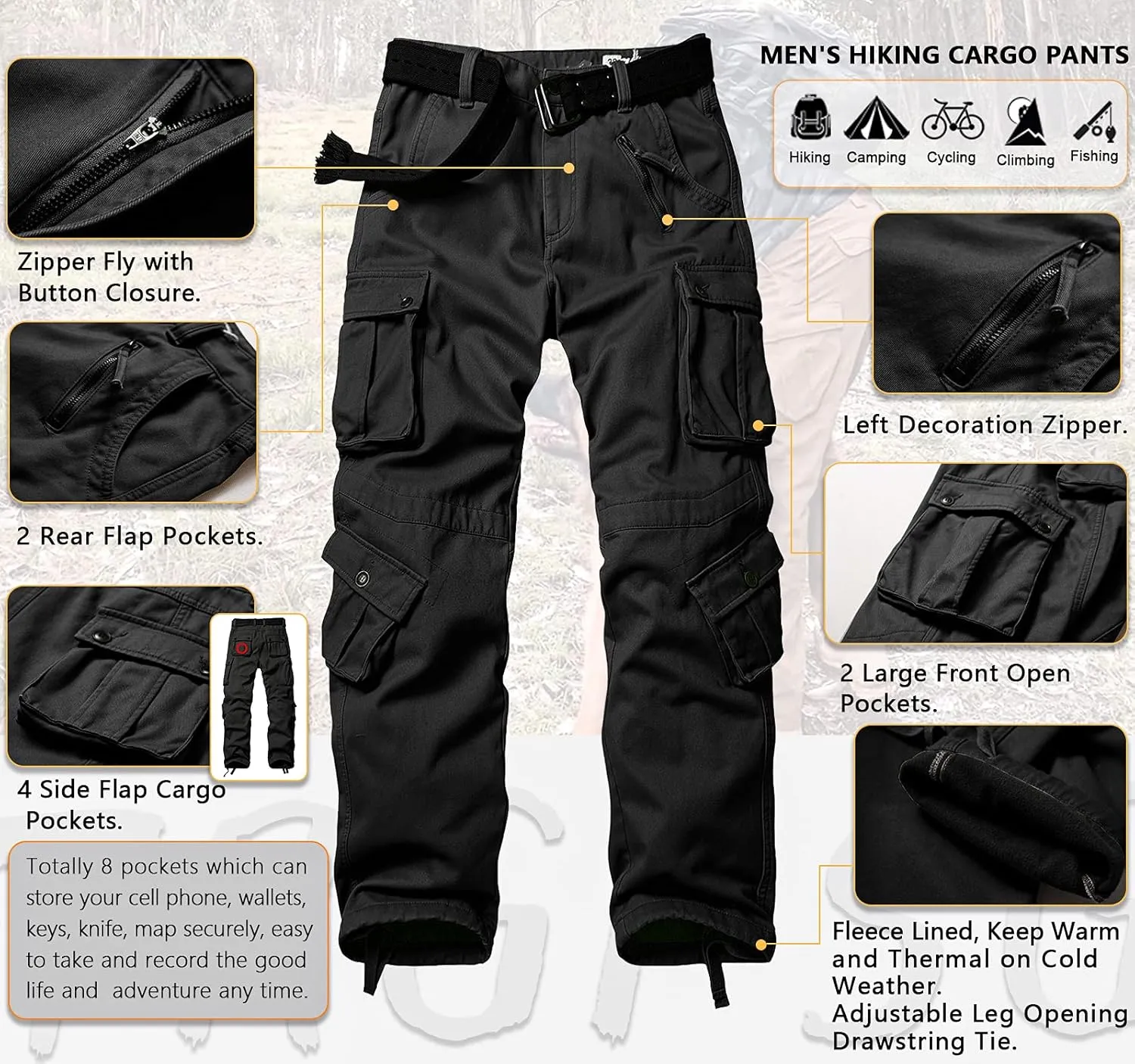 TRGPSG Men's Fleece Lined Hiking Pants, Winter Outdoor Cargo Pants, Work Ski Pants Casual Pants with 8 Pockets