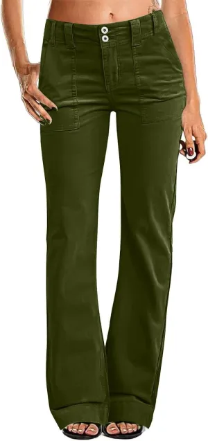 Twill Palazzo Pants for Women Casual Y2K Stretch High Waisted Chino Pants Slim Fit Wide Leg Dress Pants with Pockets
