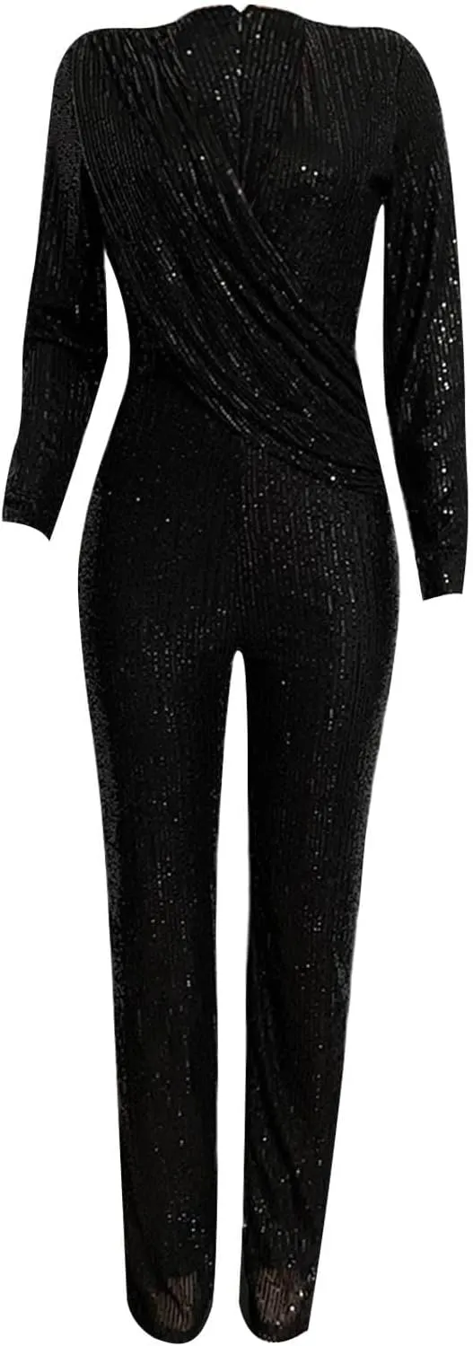 Uillui Sequins Women's Jumpsuit Formal Sexy V Neck High-Waist Woman Romper Elegant Long Sleeve Wide Leg Pants Party Clubwear
