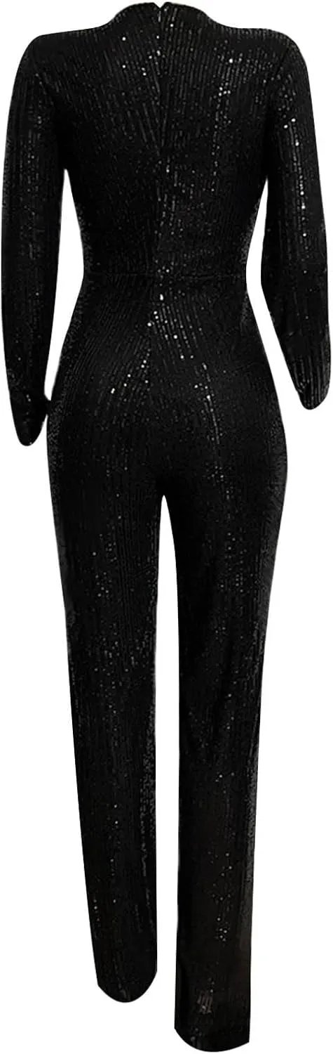 Uillui Sequins Women's Jumpsuit Formal Sexy V Neck High-Waist Woman Romper Elegant Long Sleeve Wide Leg Pants Party Clubwear