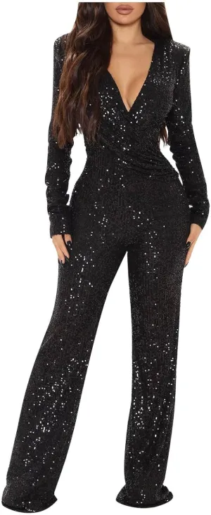 Uillui Sequins Women's Jumpsuit Formal Sexy V Neck High-Waist Woman Romper Elegant Long Sleeve Wide Leg Pants Party Clubwear