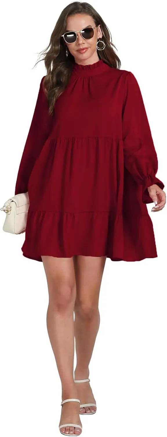 Umenlele Womens Mock Neck Long Sleeve Tiered Ruffle Smocked Flowy A Line Babydoll Mini Dress