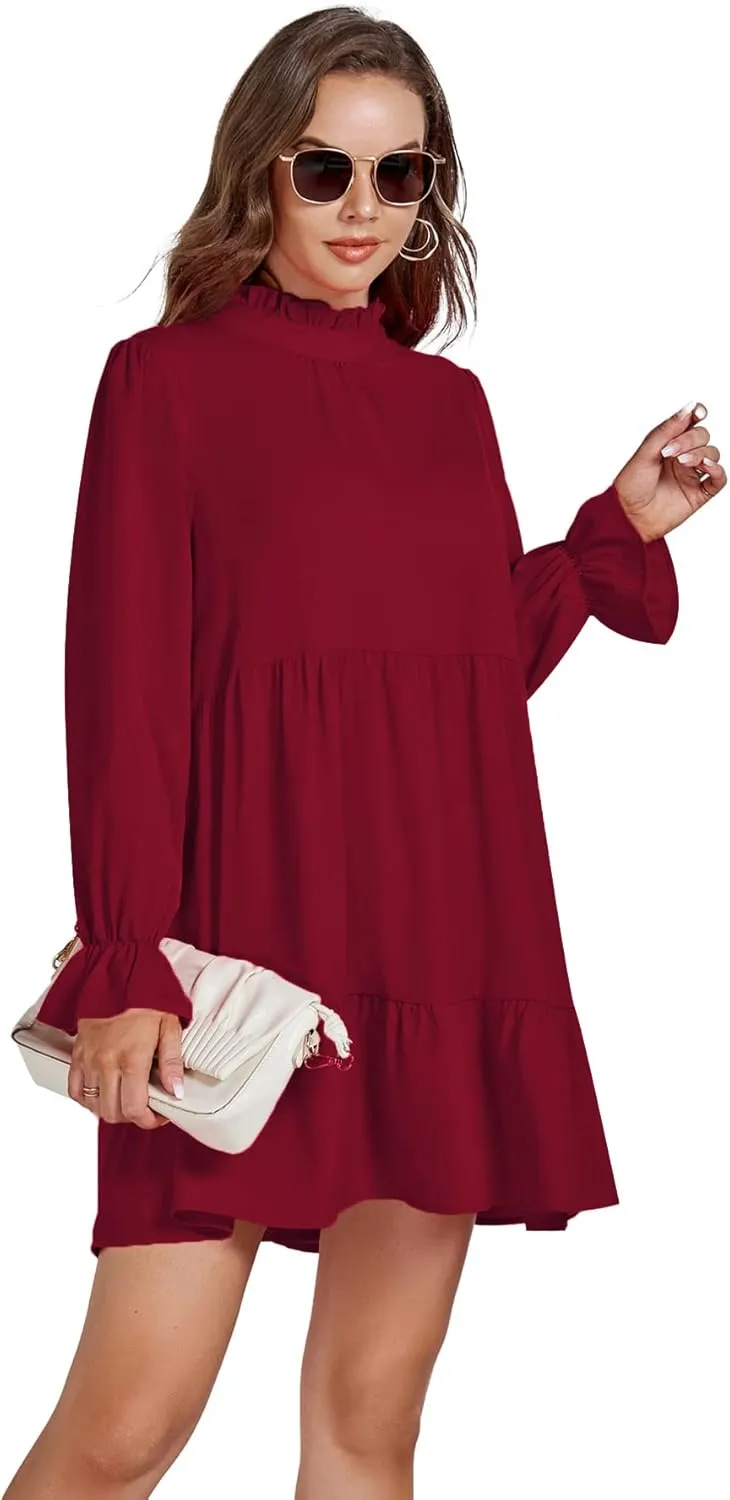 Umenlele Womens Mock Neck Long Sleeve Tiered Ruffle Smocked Flowy A Line Babydoll Mini Dress