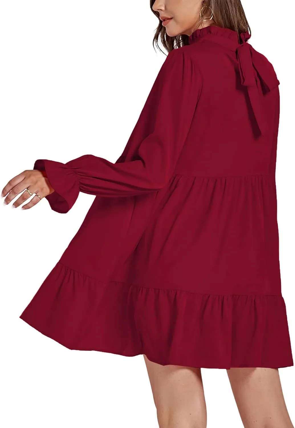 Umenlele Womens Mock Neck Long Sleeve Tiered Ruffle Smocked Flowy A Line Babydoll Mini Dress