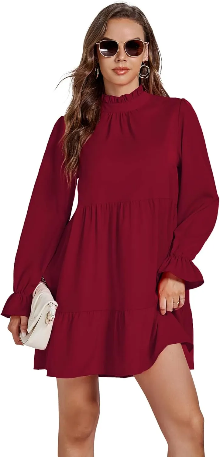 Umenlele Womens Mock Neck Long Sleeve Tiered Ruffle Smocked Flowy A Line Babydoll Mini Dress