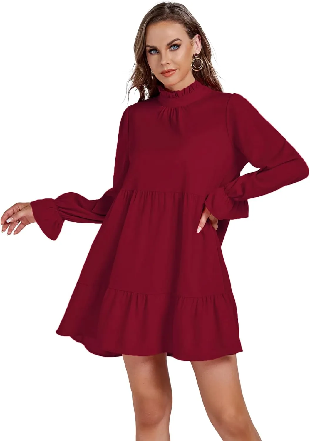 Umenlele Womens Mock Neck Long Sleeve Tiered Ruffle Smocked Flowy A Line Babydoll Mini Dress