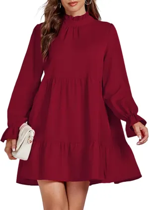 Umenlele Womens Mock Neck Long Sleeve Tiered Ruffle Smocked Flowy A Line Babydoll Mini Dress