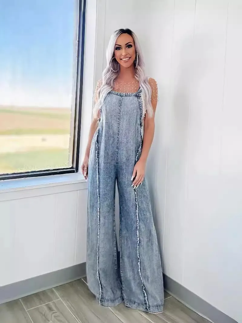 utcoco Denim Overalls for Women Casual Adjustable Straps Wide Leg Raw Hem Jeans Bib Overalls Jumpsuits