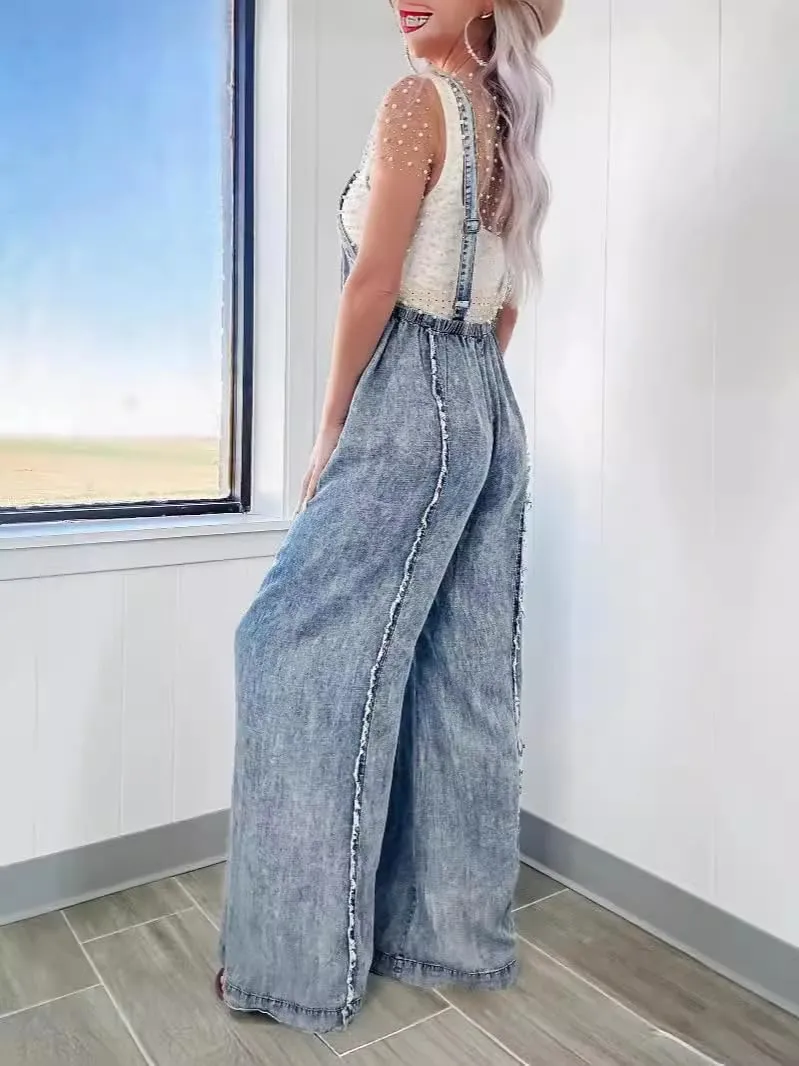utcoco Denim Overalls for Women Casual Adjustable Straps Wide Leg Raw Hem Jeans Bib Overalls Jumpsuits