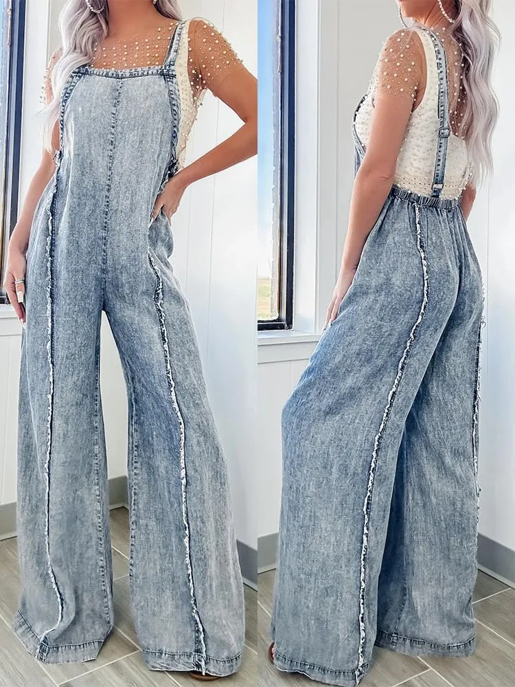 utcoco Denim Overalls for Women Casual Adjustable Straps Wide Leg Raw Hem Jeans Bib Overalls Jumpsuits