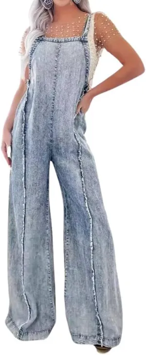 utcoco Denim Overalls for Women Casual Adjustable Straps Wide Leg Raw Hem Jeans Bib Overalls Jumpsuits