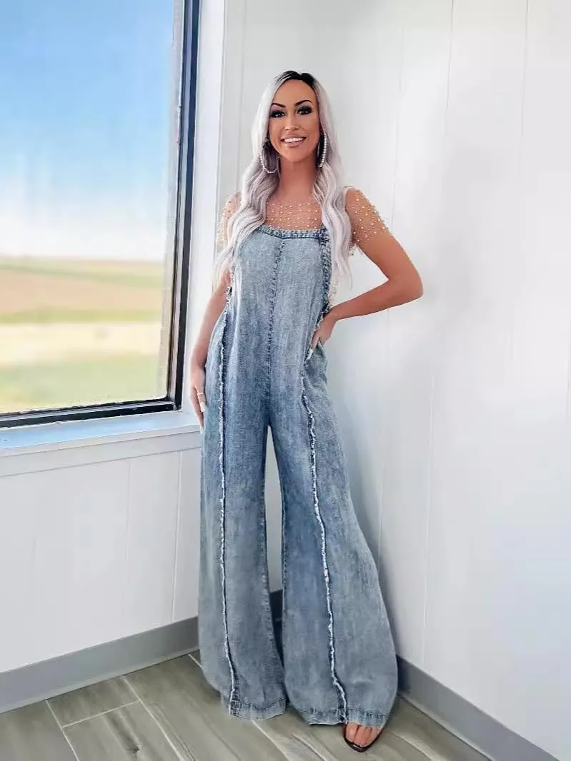 utcoco Denim Overalls for Women Casual Adjustable Straps Wide Leg Raw Hem Jeans Bib Overalls Jumpsuits