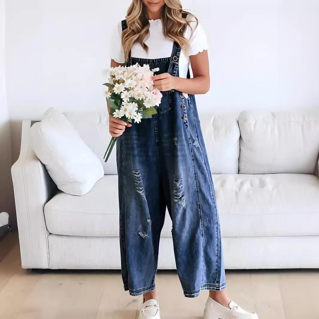 utcoco Women's Casual Adjustable Straps Denim Bib Overalls Distressed Ripped Wide Leg Jeans Long Pants Jumpsuits