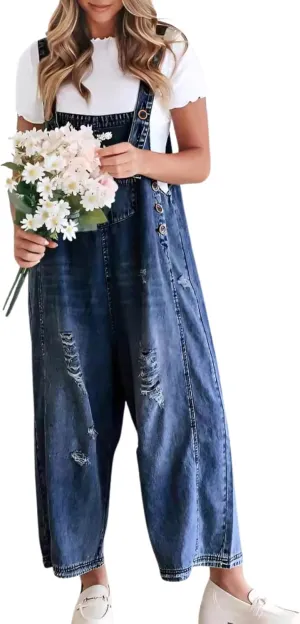 utcoco Women's Casual Adjustable Straps Denim Bib Overalls Distressed Ripped Wide Leg Jeans Long Pants Jumpsuits