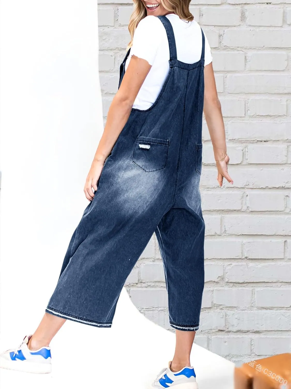 utcoco Women's Casual Adjustable Straps Denim Bib Overalls Distressed Ripped Wide Leg Jeans Long Pants Jumpsuits