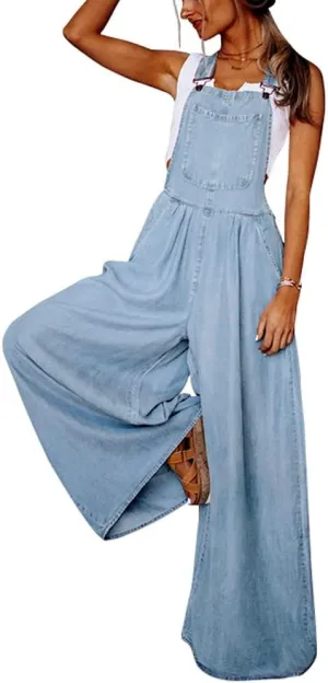 utcoco Women's Casual Loose Denim Overalls Adjustable Strap Wide Leg Bib Jean Overalls Jumpsuit with Pockets