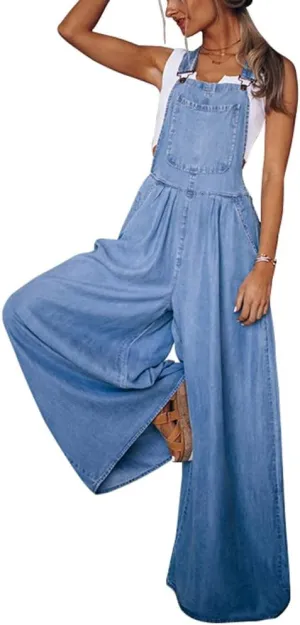 utcoco Women's Casual Loose Denim Overalls Adjustable Strap Wide Leg Bib Jean Overalls Jumpsuit with Pockets