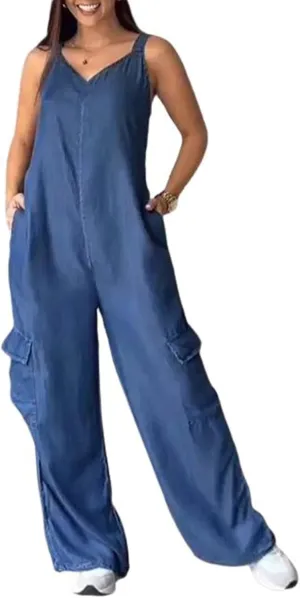utcoco Womens Denim Overalls Jumpsuits Casual V-Neck Adjustable Straps Wide Leg Cargo Pants Twill Chino Bib Overalls