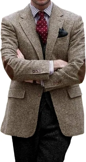 VENNYNG Mens Suit Jacket Single Breasted Vintage Short Trench Coat Blazer with Brown Elbow Patches