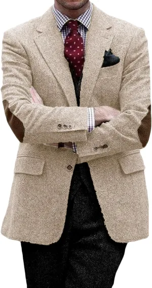 VENNYNG Mens Suit Jacket Single Breasted Vintage Short Trench Coat Blazer with Brown Elbow Patches